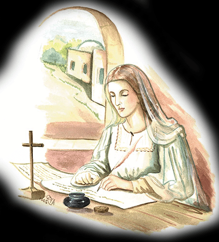 Nuestra Señora escribiendo en un escritorio