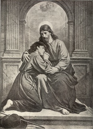Imagen de Cristo abrazando a un hombre de rodillas