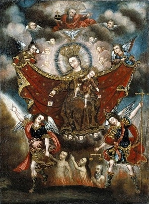Imagen: ángeles sacando a las pobres almas del purgatorio bajo la dirección de Nuestra Señora del Carmen, sosteniendo al niño Jesús